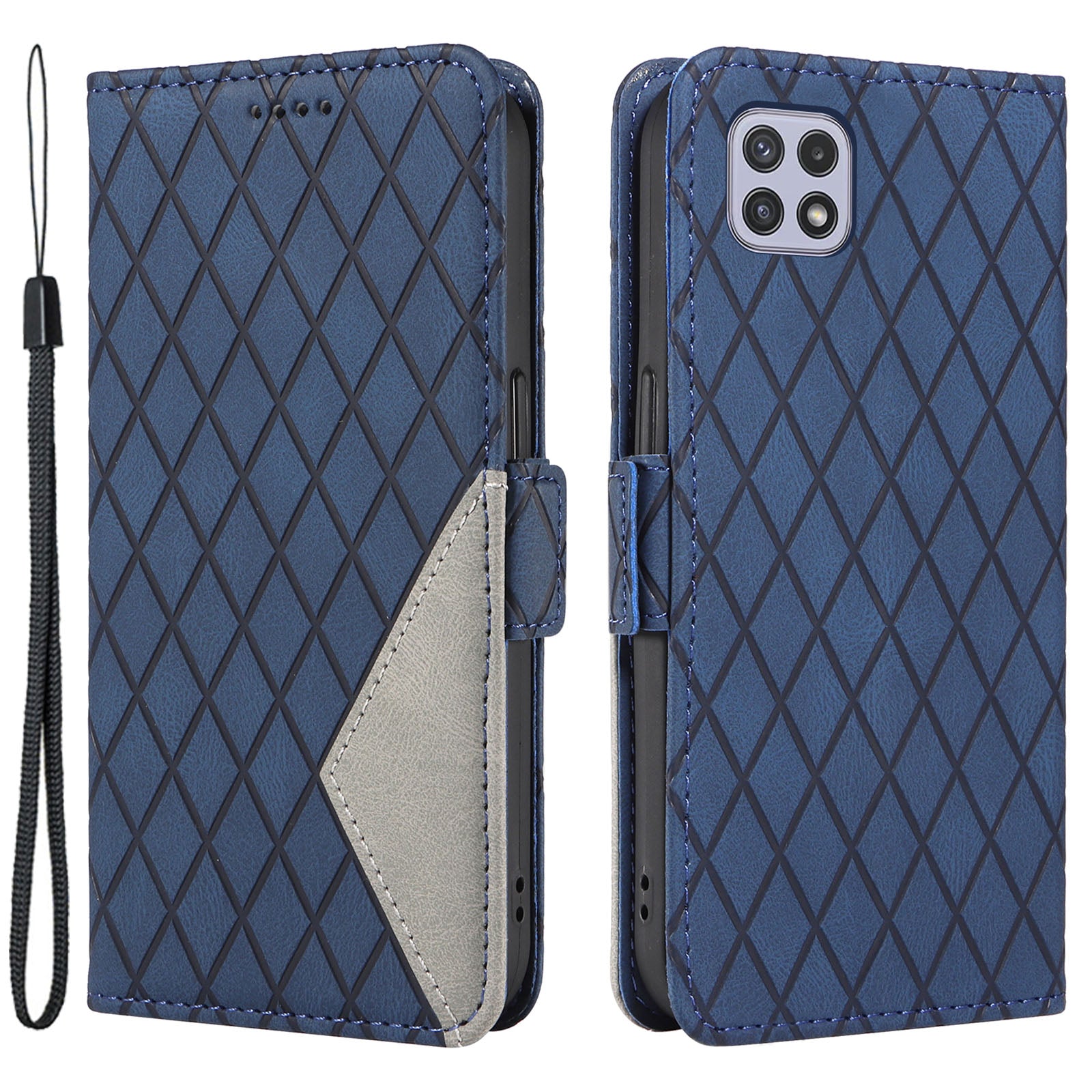 Anti-scratch Cover for Samsung Galaxy A22 5G (EU Version) Rhombus Imprinted Stand Color Splicing Phone Leather Wallet Case Anti-scratch Cover for Samsung Galaxy A22 5G (EU Version) Rhombus Imprinted Stand Color Splicing Phone Leather Wallet Case